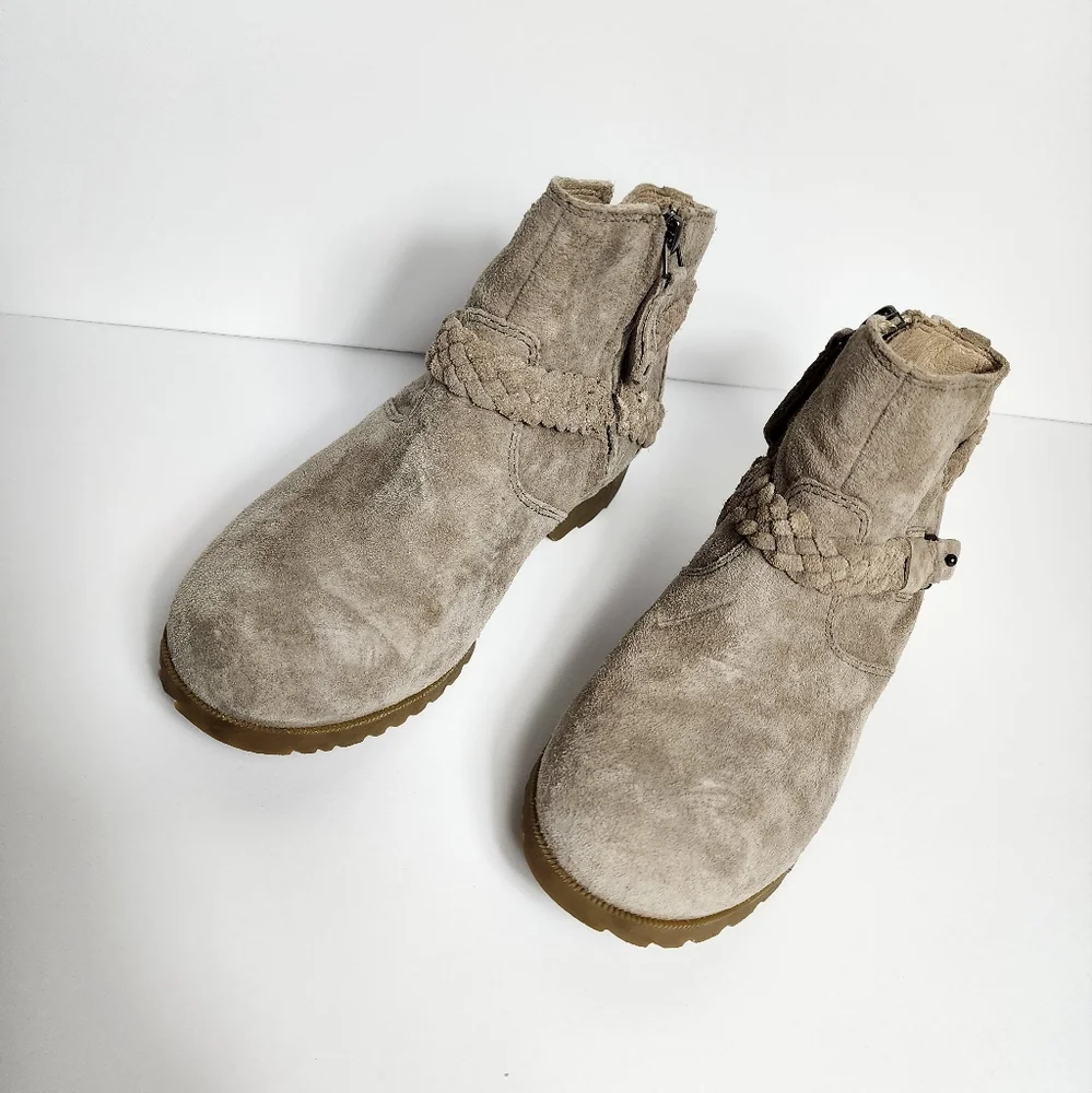 Teva Delavina Ankle Boots Womens 5.5 Tan Heeled Braided Strap Suede Leat…